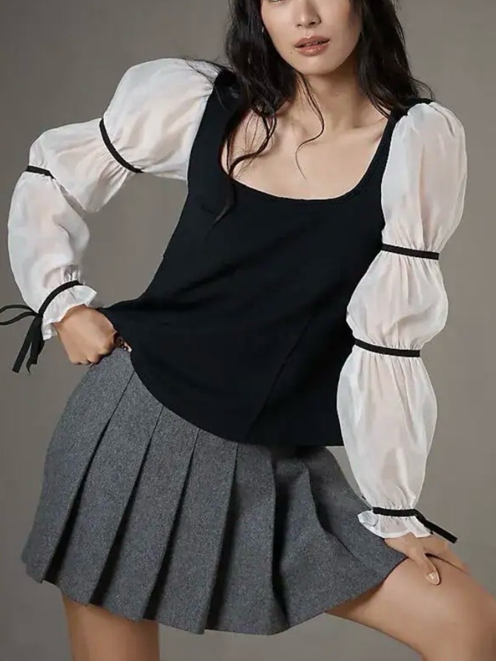Anthropologie MAEVE Balloon-Sleeve Top Small Black White
